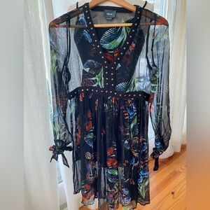 Anthropology Maeve sheer black dress w inner slip & tie sleeves